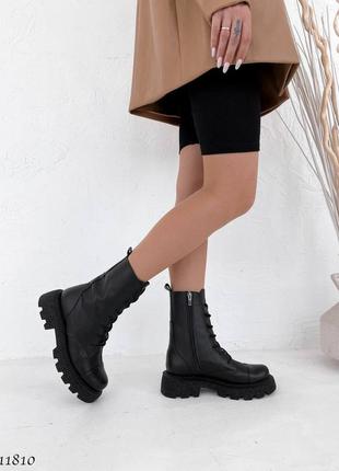 Черные натуральные кожаные демисезонные деми осенние ботинки на шнурках шнуровке толстой грубой подошве кожа осень3 фото