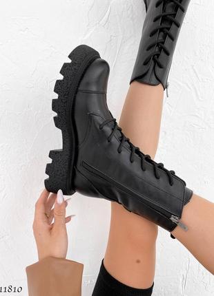 Черные натуральные кожаные демисезонные деми осенние ботинки на шнурках шнуровке толстой грубой подошве кожа осень10 фото