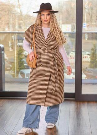 Коричневое модное женское шерстяное жилет-пальто батал с 46 по 68 размер