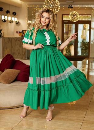 Зеленое обворожительное платье с кружевом и сеткой батал с 50 по 60 размер
