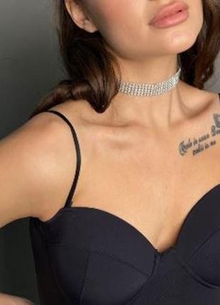 Чокер кольє на шию, сріблястий чокер зі стразами, трендовий чокер