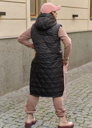 Черная длинная женская теплая жилетка с капюшоном батал с 50-60 размер4 фото