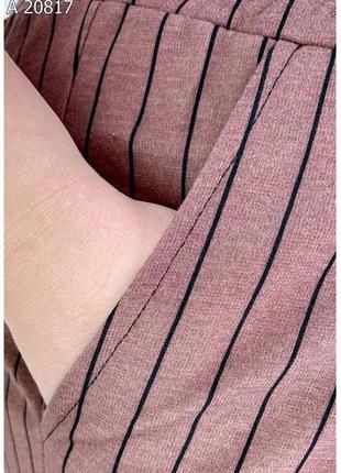 Кремовые в полоску летние женские штаны из французского трикотажа батал с 66 по 76 размер4 фото