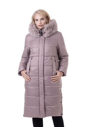 Зимнее бежевое женское пальто с натуральным мехом песца батал с 48 по  58 размер