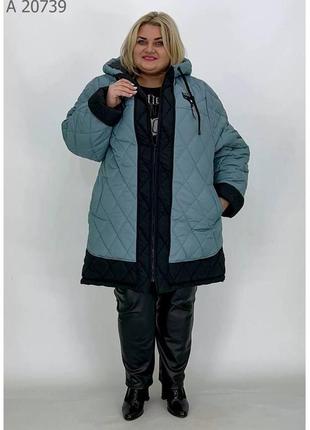 Ментоловая зимняя удлиненная куртка на молнии батал с 66 по 76 размер