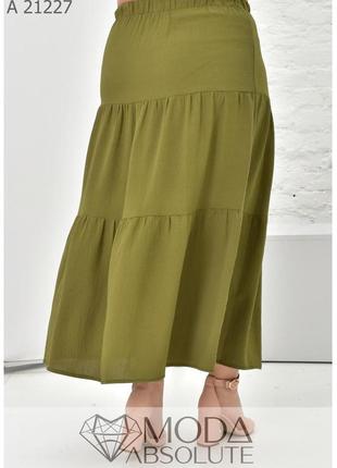 Летняя женская длинная юбка из креп-жатки цвета хаки батал с 50 по 74 размер4 фото