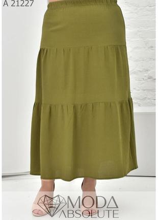 Летняя женская длинная юбка из креп-жатки цвета хаки батал с 50 по 74 размер