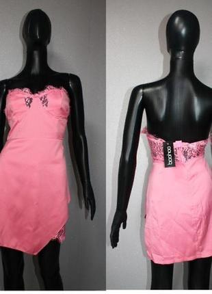 Стильное розовое короткое бельевое мини-платье-бюстье с кружевом м3 фото