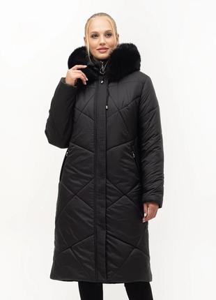 Стёганное женское зимнее пальто чёрное цвета с  натуральным  мехом батал  с 52 по 70 размер
