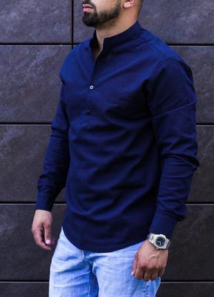 Модная летняя мужская синяя рубашка из льна с длинным рукавом s m l xl xxl1 фото
