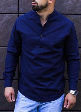 Модная летняя мужская синяя рубашка из льна с длинным рукавом s m l xl xxl2 фото