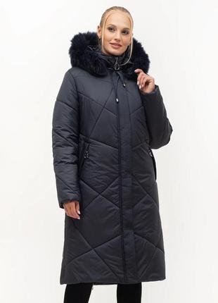 Стёганное женское зимнее пальто тёмно-синее   с  натуральным  мехом батал  с 52 по 70 размер1 фото