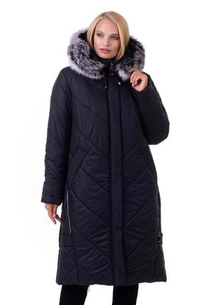 Стёганное лиловое зимнее пальто с натуральным мехом песца батал с 52 по 70 размер8 фото
