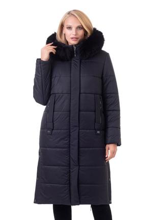 Чорне жіноче зимове пальто з натуральним хутром песця батал з 48 по 58 розмір