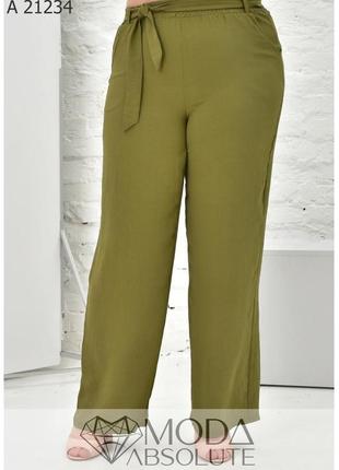 Оливковые летние женские штаны с креп-жатки батал с 50 по 80 размер