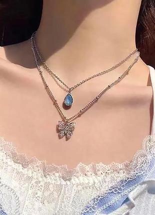 Двойная цепочка с бабочкой, подвеска, колье, ожерелье, кулон кристал камень синий