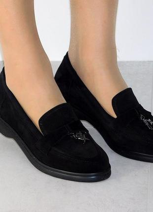 Лоферы замшевые черные женские на низкой подошве 36р