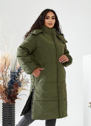 Женская удлиненная куртка оверсайз, на молнии и кнопках, хаки1 фото