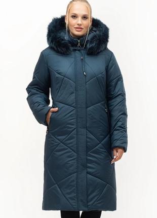 Жіноче зимове пальто смарагдового кольору з натуральним хутром батал з 52 по 70 розмір