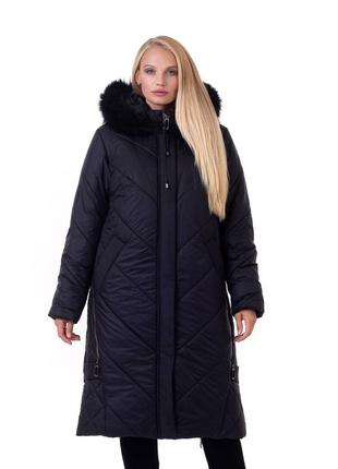 Чёрное зимнее пальто с натуральным мехом песца батал с 52 по 70 размер