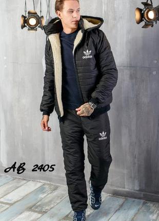 Чорний теплий чоловічий спортивний костюм adidas утеплений синтепоном та овчиною з 48 по 54 розмір
