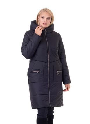 Чёрное зимнее женское пальто в 3-х цветах батал с 48 по 58 размер