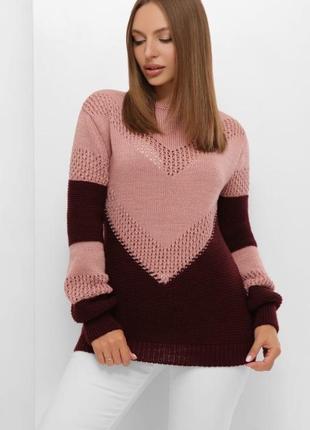 Бордовый двухцветный женский вязаный свитер оверсайз с 44 по 52 размер
