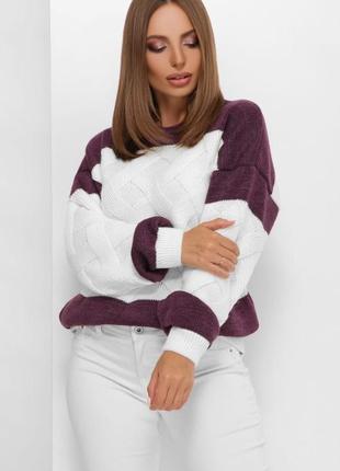 Бордовий двоколірний в'язаний жіночий светр оверсайз батал з 48 по 54 розмір1 фото