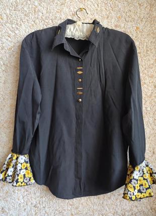 Женская блуза черная рубашка нарядная блузка красивая с воланами цветами винтаж etience