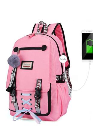 Шкільний рюкзак для дівчинки harvard з usb, замочком і хутряним помпоном, 5 кольорів