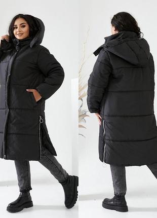 Жіноча подовжена куртка оверсайз, на блискавці та кнопках, чорна4 фото