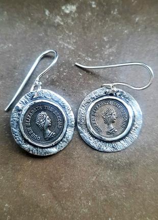Дизайнерические эксклюзивные серебряные серьги 925 монетки3 фото