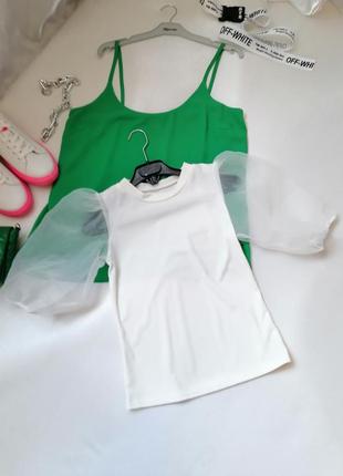 Футболка в рубчик пишний рукав з органзи на рукавчики є цятка   футболка в рубчик пышный рукав из ор