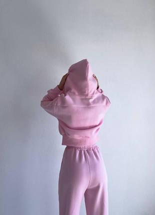 Костюм укорочена кофта вільного крою на блискавці з капюшоном прямі довгі штани з розрізами спереду комплект спортивний рожевий чорний блакитний сірий7 фото