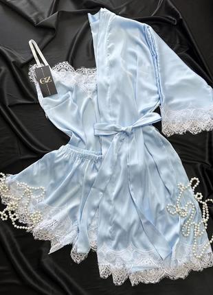 Шелковый домашний комплект шортики+майка+халат шелк тройка голубой