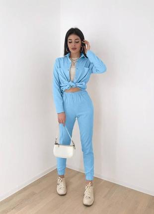 🎨11 кольорів! шикарний вельветовий жіночий костюм голубий голубой блакитний женский сорочка