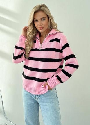 Оверсайз светр в смужку широкий светр на блискавці жіночий светр з горловиною