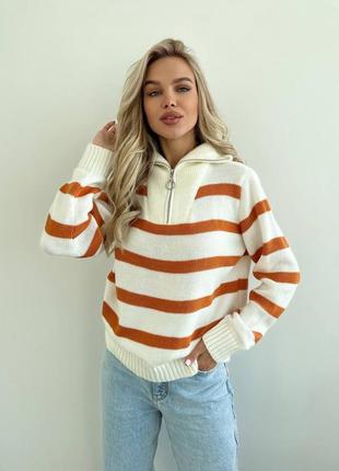 Смугастий светр на блискавці оверсайз вязаний светр з вовною теплий жіночий светр3 фото