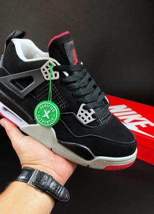 Мужские кроссовки nike air jordan 4 retro кожаные черные красные