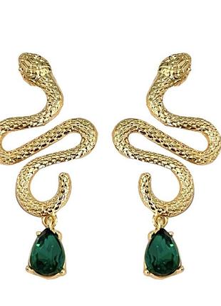 Серьги змеи с зелеными кристаллами