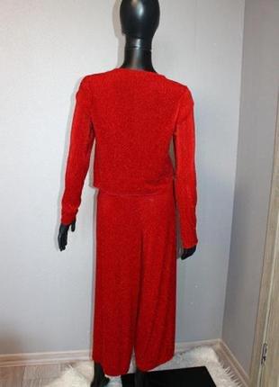 Шикарний вільний прогулянковий ошатний червоний брючний костюм в рубчик укорочені штани кюлоти м2 фото