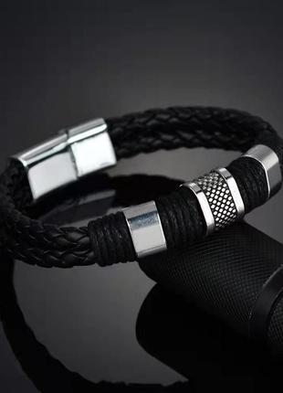 Плетенный кожаный черный браслет с магнитной застежкой