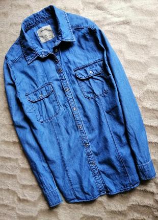 Джинсова сорочка блакитна блуза на кнопках з кишенями катоновая denim co