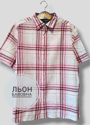 Чоловіча лляна теніска у клітинку сорочка з короткими рукавами льон бавовна