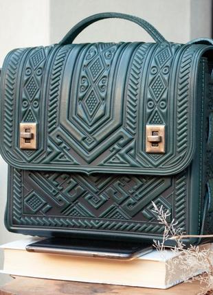 Большая кожаная сумка-портфель ручной работы с тиснением темно-зеленая | женский кожаный портфель