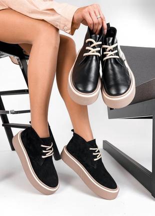 Женские демисезонные ботинки лоферы на шнуровке кеды высокие обуви в черном цвете натуральная кожа и замша 😍3 фото