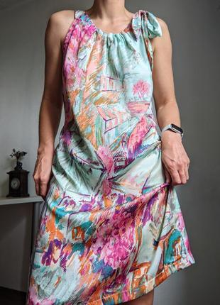 Платье абстракция коктейльное футляр берюзовое розовое авкварель s m l