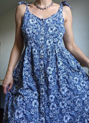 Сапрафан в цветочек миди платье синее на пуговицах под винтаж свободного кроя модал хлопок1 фото