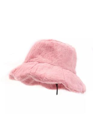 Шапка-панама квітка на кулісці (мехова, плюшева, пухнаста, тедді, баранчик, каракуль) рожева