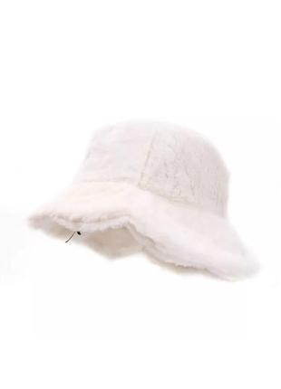 Шапка-панама цветок на кулиске (меховая, плюшевая, пушистая, седди, барашко, каракуль) белая